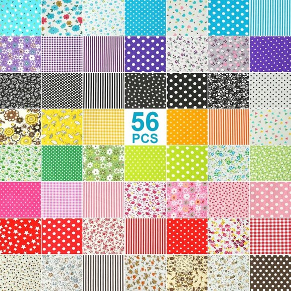 Colorful 56-Piece Cotton Fabric Bundle - 25x25cm Patchwork Quilting Squares for - Picture 4 of 7